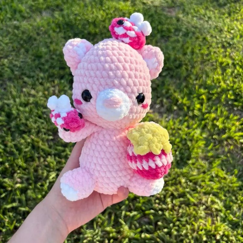 Handmade Crochet Pink Honey Bear with Bee Friends, Kawaii Collectible Plushie, Handmade Gifts