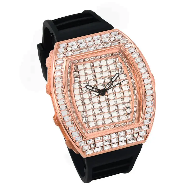 MaxBling81 Men's Hip-Hop Look Watch, 43x12mm Iced Bling Baguette Stones, Rose Gold Finish, Quartz Movement, Square Analog Dial, Silicone Band, Waterproof Fashion Accessory