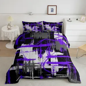 Feelyou Microfiber Bedding Set - Modern Digital Print Abstract Stripe Geometric Duvet Set, Breathable Purple, Black, Grey Comforter, Twin/Queen Sizes