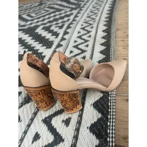 Closed Toe Tan Tooled Heels with Custom Design 3inch