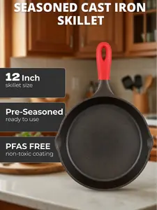 Seasoned Cast Iron Skillet 12 Inches - Quality Frying Pan for the Stove, Oven, Grill & Campfire - Includes Silicone Hot Handle Holder - Non-Toxic, Nonstick & Long-Lasting