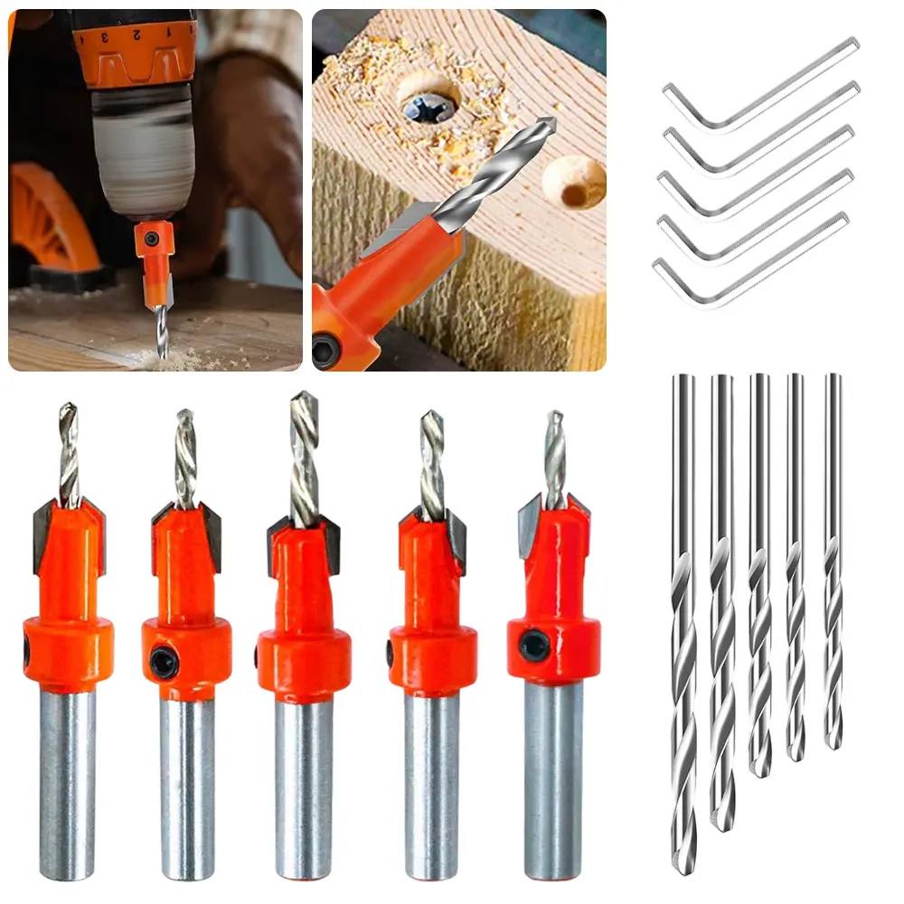 Wood Countersink Drill Bit Set with 5 Extra Pilot Bits, Tapered Round Shank Counter Sinker Tool Accessories for Woodworking, Car Repair Projects