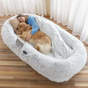 Extra Large Orthopedic Dog Bed for Humans and Pets, Plush Washable Faux Fur Mattress with Pillow & Blanket, Grey