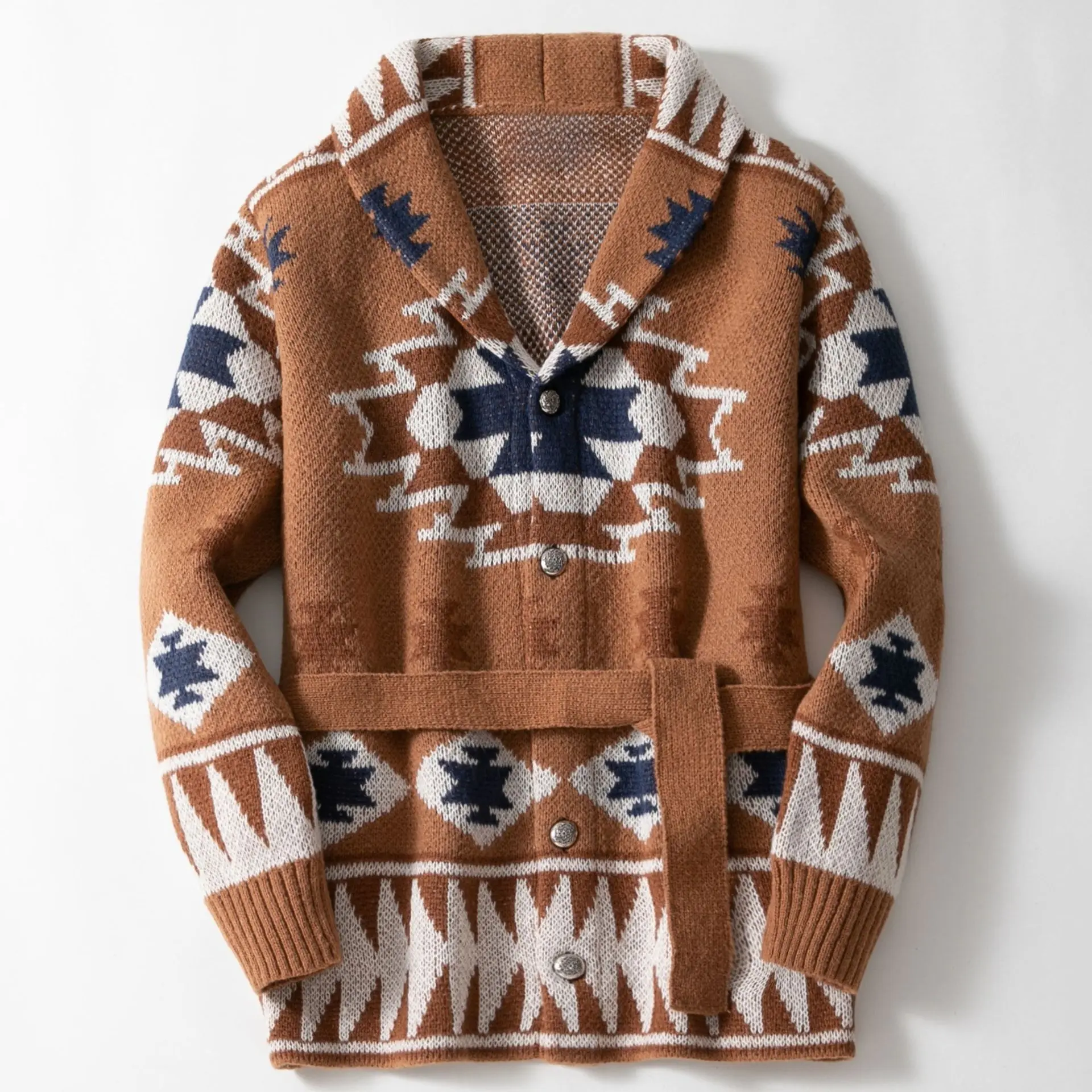 Men's Heavy Knit Jacquard Sweater Jacket - Vintage Streetwear Cardigan for Fall & Winter | Retro Patterned Knitwear, Bold Style Menswear Tops, Long Sleeve, Brown, Casual