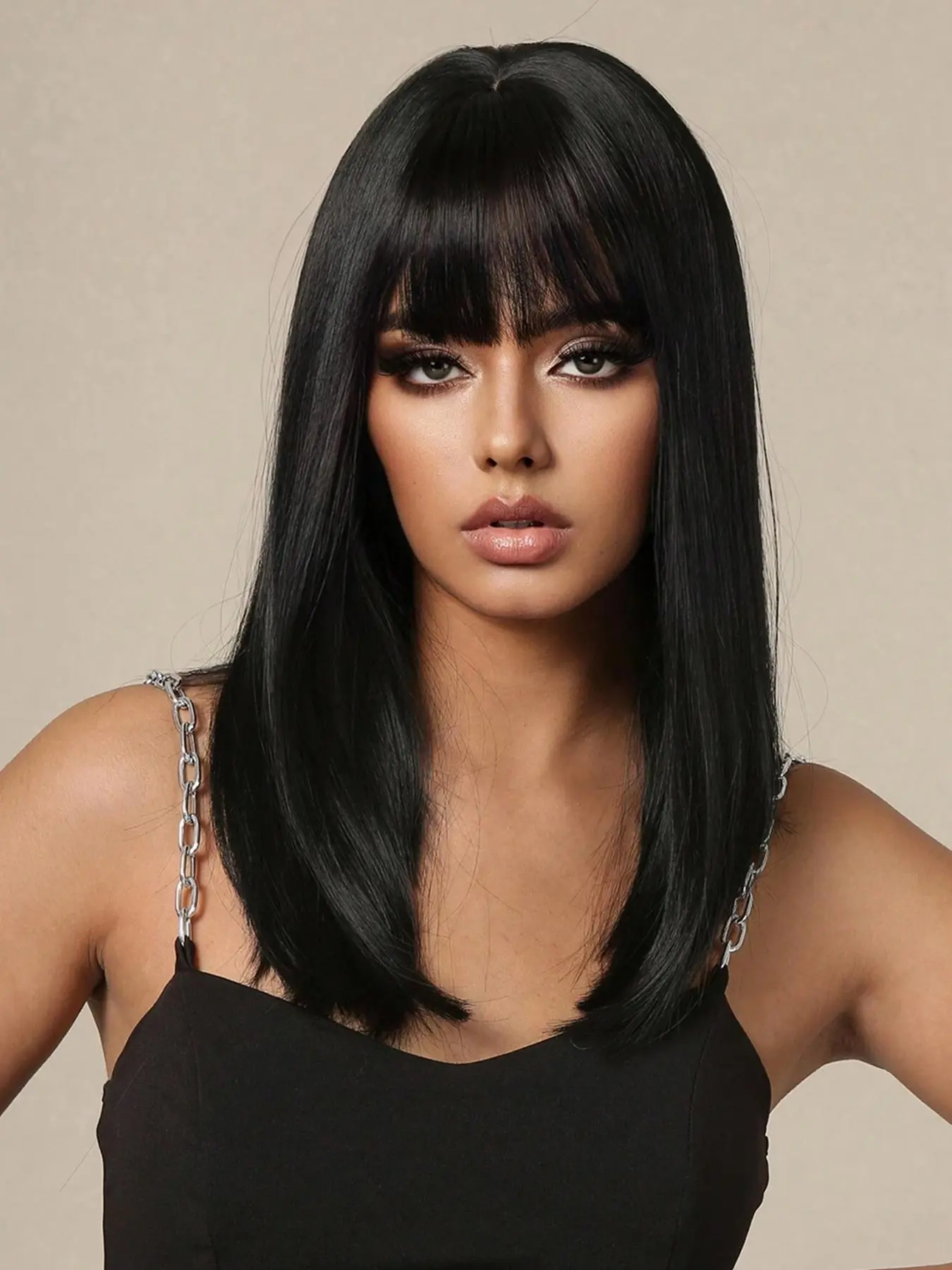 16 Inch Black Long Straight Wigs for Women, Gorgeous Fashion Fluffy Wigs with Bangs, Synthetic Full Machine Heat Resistant Wigs for Party, Daily Use, Hair Wig