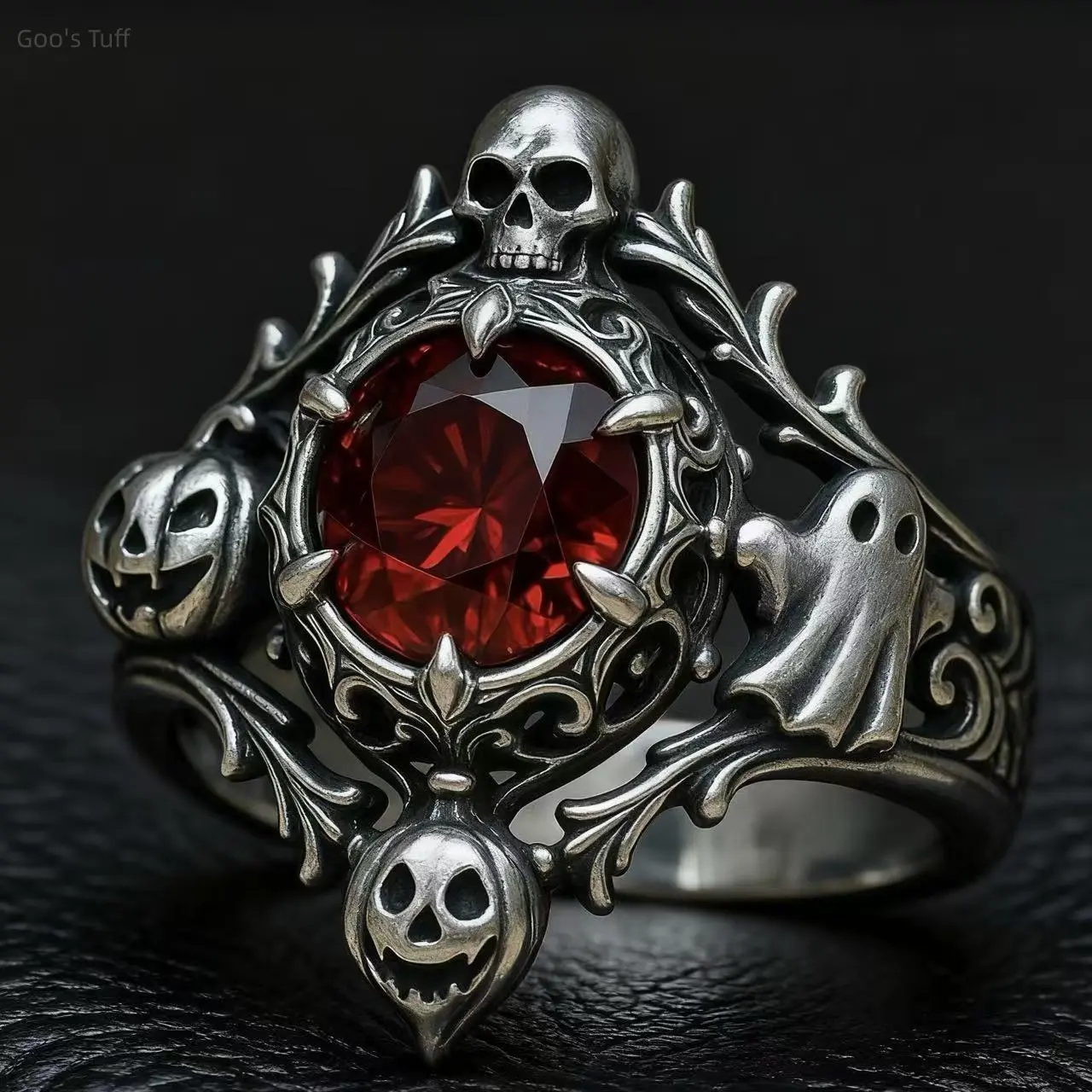 Women's Goth Statement Ring - Halloween Cosplay & Daily Wear Gift, Gunmetal Band with Black-Red Gemstones, Vintage Matte Finish, TikTok Viral Unique Retro Costume Jewelry