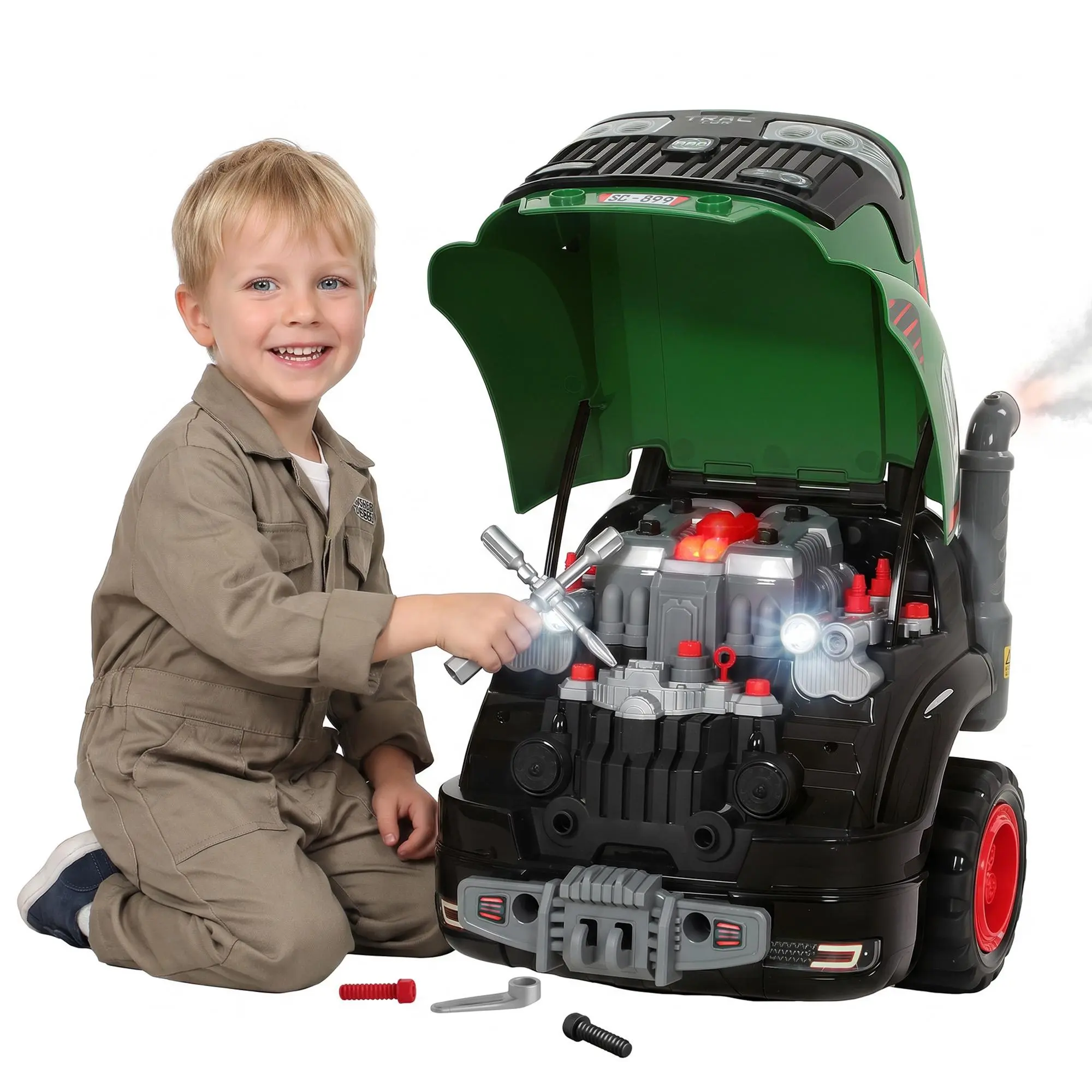 Qaba Large Truck Engine Toy, Kids Mechanic Repair Set with Spray, Lights, Sounds and Removable Parts, Take Apart Motor Agricultural Vehicle Toy, Educational Gifts for 3-6 Year Old Boys Girls, Green