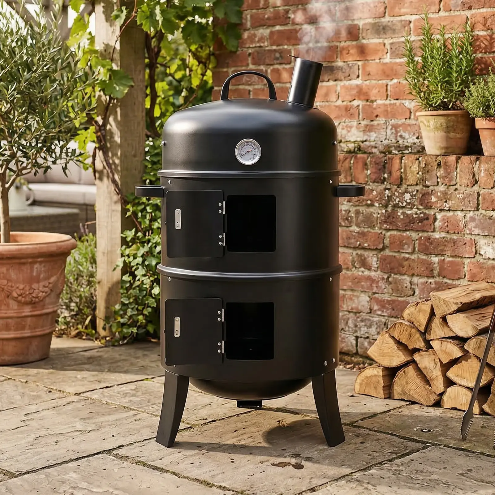 Vertical Charcoal Smoker & Grill with Chimney - Heavy Duty Powder-Coated Iron BBQ Stove | Cylindrical Outdoor Cooker for Texas-Style BBQ & Smoking