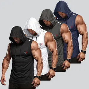 4PCS Men’s Hooded Sports Top, Bull Head Logo on Back, Solid Color Sleeveless Tank with Adjustable Drawstring Cap, Casual Lightweight Men’s Fitness Wear, Cool, Breathable, Quick Dry, Suitable for Gym, Daily Workouts, Running, Cycling.