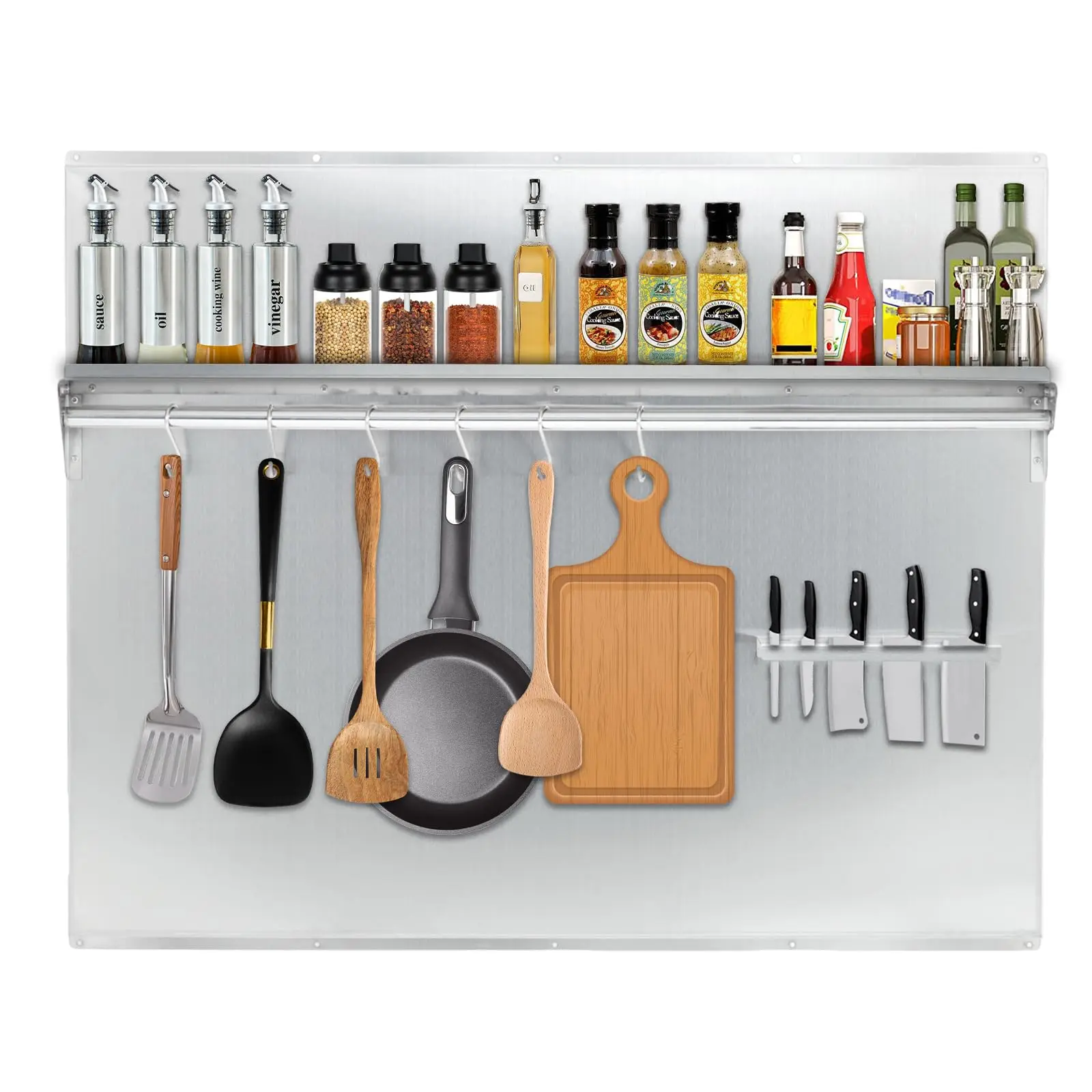 Commercial stainless steel kitchen backsplash, 91x75 cm, with shelving and knife holder, heat and grease resistant panel, easy-to-clean surface, pre-drilled holes for installation, for stove