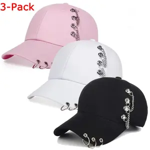 3-Pack Unisex Solid Color Rivet Detail Baseball Cap - Adjustable All-Seasons Hip-Hop Hat with Side Rings for Women