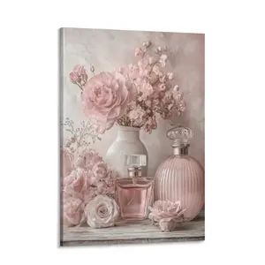 A Vintage Floral Perfume Bottle Canvas Wall Art - Soft Pink Roses in Light Pink Floral Decoration with Wrapped Wooden Frame Canvas Painting - Home Decor - Country Style, Shabby Chic, Farmhouse Decor - Perfect Choi Bathroom Wall Art