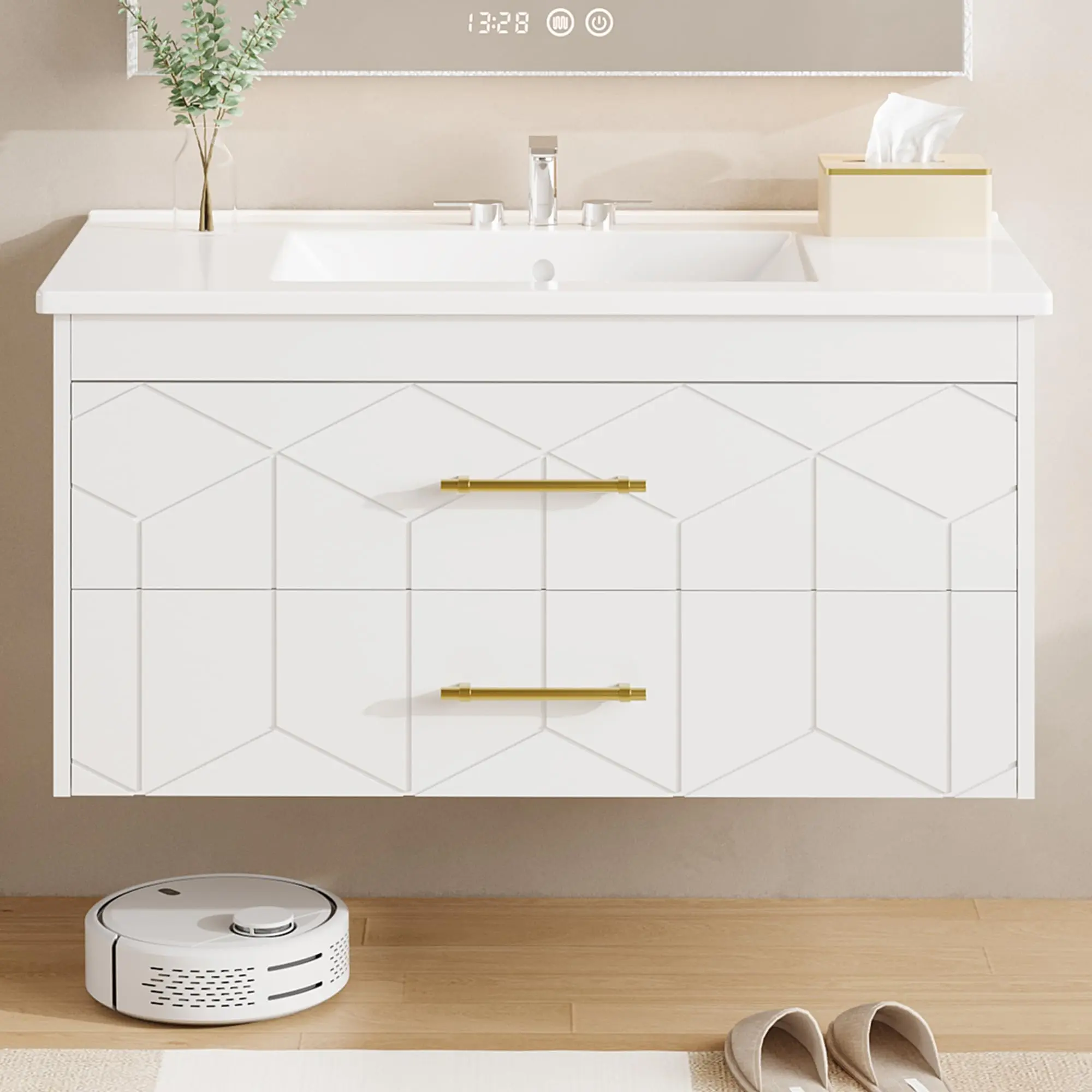 GARVEE Modern Floating Bathroom Vanity with Integrated Ceramic Sink, Wall Mounted Bathroom Cabinet with 2 Spacious Storage Drawers, Elegant Gold Metal Handles, Contemporary Space Saving Vanity for Bathroom Storage