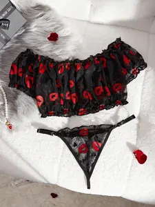 Women's Lip Print Lace Lingerie Set, Sexy Wireless Bra, Full Coverage, Fitted, Perfect for Dates and Night Out