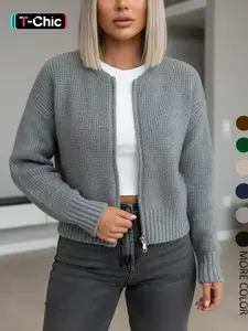 Women's Solid Drop Shoulder Zipper Sweater Cardigan, Casual Long Sleeve Round Neck Thick Fitted Knitwear for Fall & Winter, Fashion Women's Knit Clothing for Daily Wear