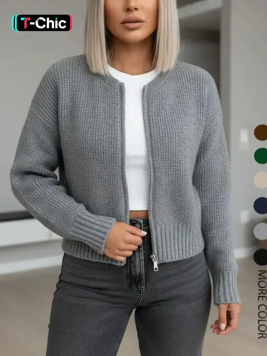 Women's Solid Drop Shoulder Zipper Sweater Cardigan, Casual Long Sleeve Round Neck Thick Fitted Knitting Knitwear for Fall & Winter, Fashion Women's Knit Clothing Garment for Daily Wear Womenswear