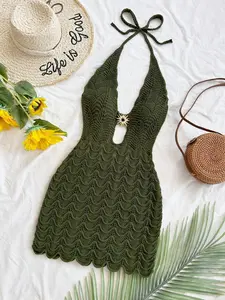 Y2K New Women's Fashion Sweater Dress, Halter Neck Design, Casual Vacation Wear, Summer Hollow Out Hot Beach Dress, Elegant Backless Style, Fits, Statement Piece, Womenswear