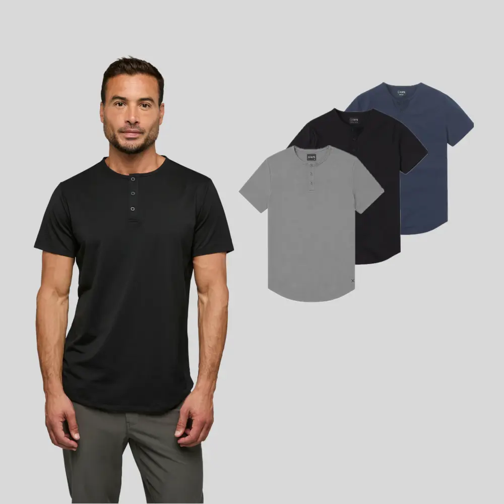 Cuts | Men's  AO Fitted Henley Shirt 3-Pack with Curve Hem | Anti-Odor Polyester Cotton Blend | Wrinkle Resistant Stretch