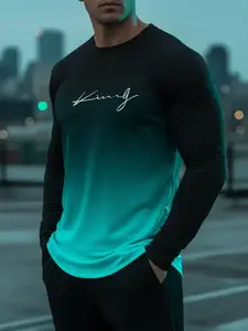 The 2025 new style fashionable men's gradient crewneck Fitted Long Sleeves Short sweatshirt adopts a novel 3D printed letter pattern design, suitable for daily wear.