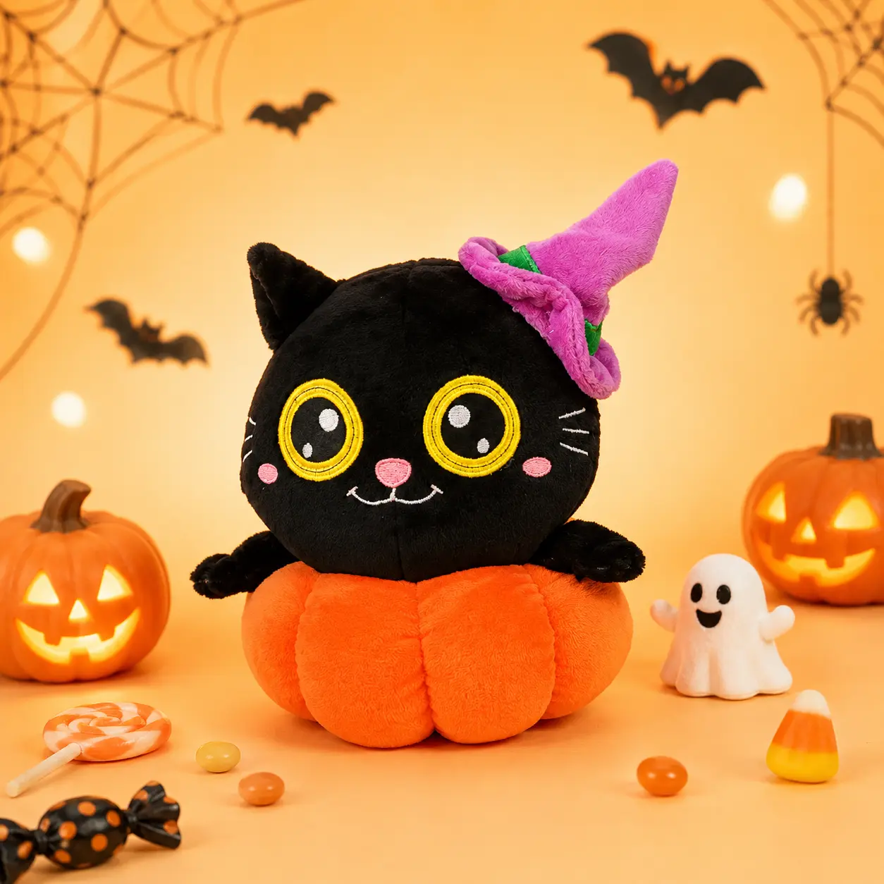 Unisex Soft Halloween Black Cat Plush Toy with Witch Hat, Pumpkin Stuffed Animal, Fall Holiday Decor, Stress Relief Novelty Gift