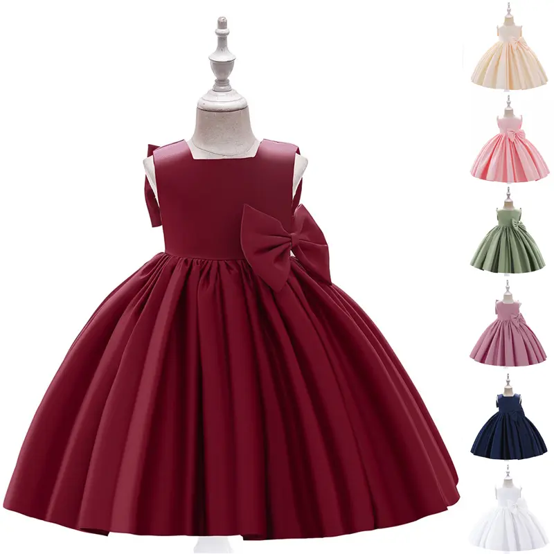 Big Bow Maroon Kids Clothes 2009 White Flower Girls Frock Ball Gown Pageant Children Elegant Princess Prom Host Formal Evening Party Cocktail Dress 0-10Y