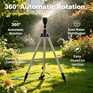 360° Rotating Tripod Sprinkler with Us Plug, Adjustable Height, Multi-Nozzle Irrigation System, Stainless Steel Stand, Water-Saving Device