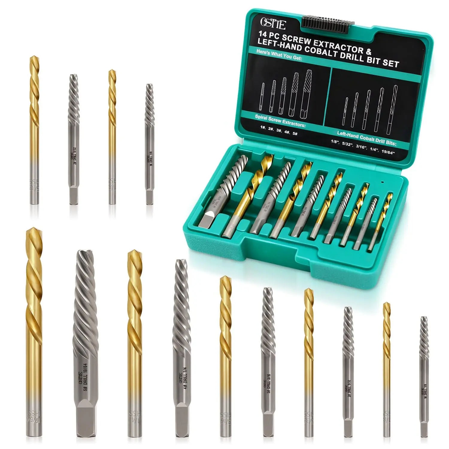14Pcs Screw Extractor & Left-Hand Drill Bit Set - 35# Cr-Mo Steel, 6542 HSS Coated, Stripped Screw & Broken Bolt Remover Easy-Out Tool for Automotive, Home Repair
