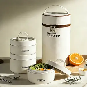 Bento Box Stackable Insulated Lunch Container Meal Prep Portable Insulated Stackable 3-Tier Lunch Container Set with Cooler Bag for Adults Ideal for Meal Prep Hot and Cold Food Preservation Japanese Tiffin Plate Style Steel Tableware Portable 3-Tier Set