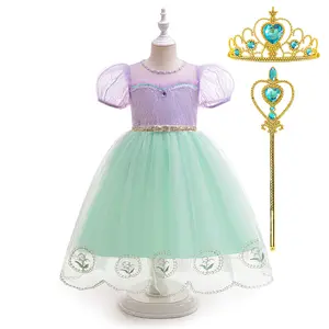 3-8Y with Crown Magic Wand Beading Embroidered Mint Green Sequins 083 Cartoon Cosplay Costume Fancy Carnival Kids Clothes Performance Princess Theme Party Holiday Girls Ball Gown Children Cocktail Dress