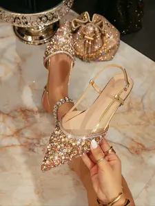 Women's Sparkling Rhinestone Closed-Toe Elegant Sandals, Romantic French Flat Heel Pointed Toe Design, Comfortable Spring & Summer Shoes