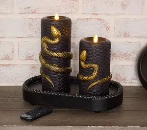 QVC Set of 2 Embossed Snake Flameless Pillar Candles, Metallic Finish, 5-Hour Duration, Halloween Decoration for Indoor Decor
