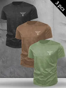 Men's 3-Pack Washed T-Shirts with Bull Skull Logo, Casual Western Style Short Sleeve Tops, Breathable Everyday Graphic Tees #3PackTees #BullSkullPrint #WesternStyleTees #WashedTShirts #TikTokMadeMeBuyIt