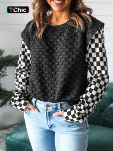 HOTAPEI Women's Fall Winter Knit Pullover Sweater, Polyester Plaid Jacquard Patchwork Design, Round Neck Long Sleeve Casual Top