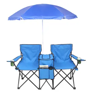 2 Person Folding Camping Chair with Umbrella, Portable Outdoor Double Chair with Sun Shade for Fishing Beach Camping