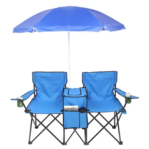 2 Person Folding Camping Chair with Umbrella, Portable Outdoor Double Chair with Sun Shade for Fishing Beach Camping