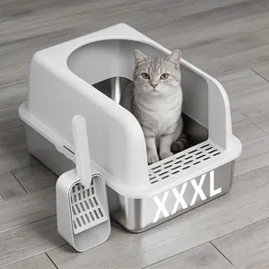 Peloro XXXL High-Sided Stainless Steel Litter Box for Big Cats, Open Top, Anti-Leak, Odor-Free Design, Includes Premium Litter Mat & Metal Scoop