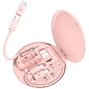 Multi USB Charging Adapter Cable Kit, USB C to iOS Device Adapter Box, Conversion Set A & Type C to Male Micro/Type C/iOS Device, Data Transfer, Card Storage, Tray Eject Pin, Phone Holder (Pink)