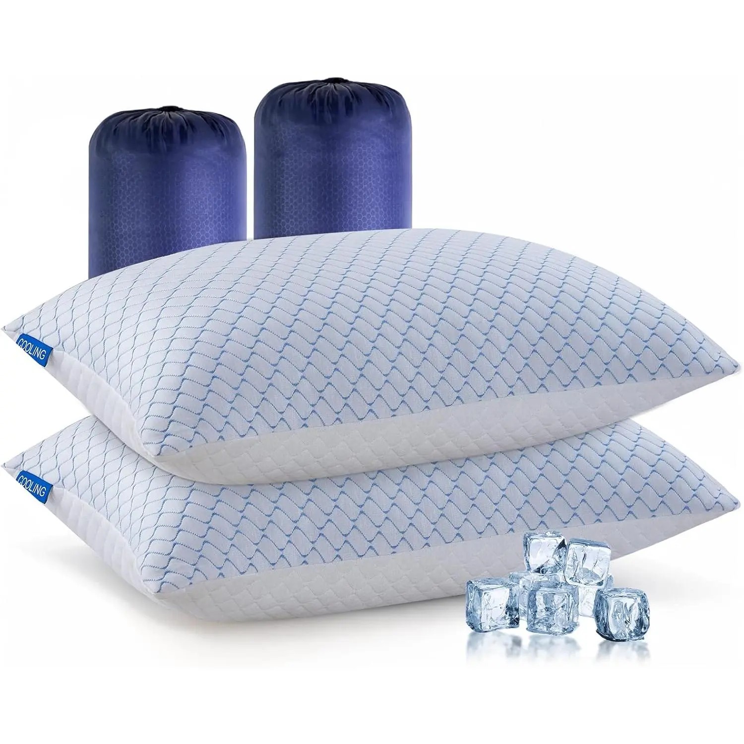 Cooling Blue White Shredded Memory Foam Travel Pillow - 2-Pack Large Compressible Camping Sleeping Pillow with 2 Storage Bags - Supportive for Adults, Outdoor Backpacking Gear (Machine Wash, Do Not Bleach, Dry on Low Temperature)