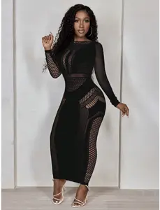 Women's Black Long Sleeve Bodycon Hollow Out Mesh Dress for Summer Elegant Versatile Fashion Piece Formal Womenswear Chic Minimalist Fit