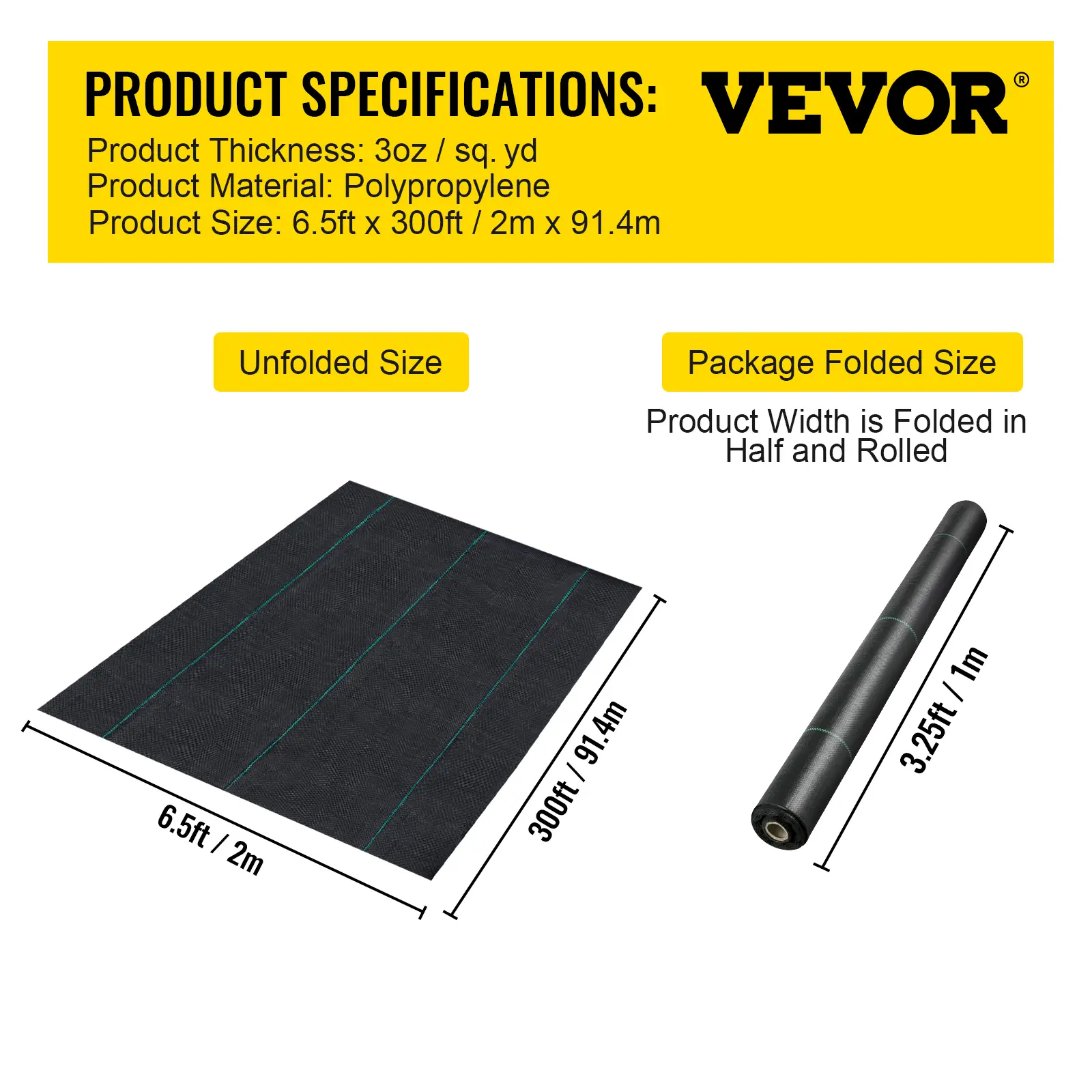 【BackToSchool】VEVOR 6.5FTx300FT Premium Weed Barrier Fabric Heavy Duty 3.2OZ, Woven Weed Control Fabric, High Permeability Good for Flower Bed, Geotextile Fabric for Underlayment, Polyethylene Ground Cover