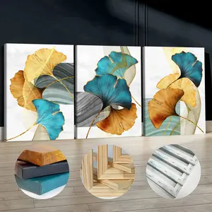 3Pcs Wooden Framed Canvas Paintings - Artistic Abstract Ginkgo Leaves Gold Teal Modern Artwork, Waterproof Odorless Print, Home Decor for Living Room Decorations, Bedroom