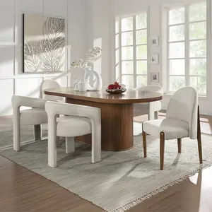 Acme DN02855-7PC Gamarya Oak Finish Wood Oval Ribbed Style Side Panel Pedestal Dining Table Set Modern Design 7 pc Furniture