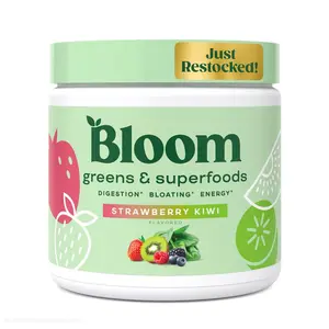 Bloom Nutrition Greens and Superfoods Powder for Digestive Health, Greens Powder, Digestive Enzymes, Probiotics, Spirulina, Chlorella for Bloating & Gut Support, Green Juice, 30 SVG, Strawberry Kiwi Adult