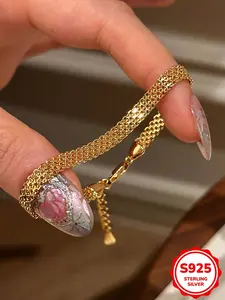 S925 Sterling Silver Sparkling Wide Woven Bracelet, Bracelet for Men and Women, Fashion Hip-hop Trendy Accessories for Daily Wear