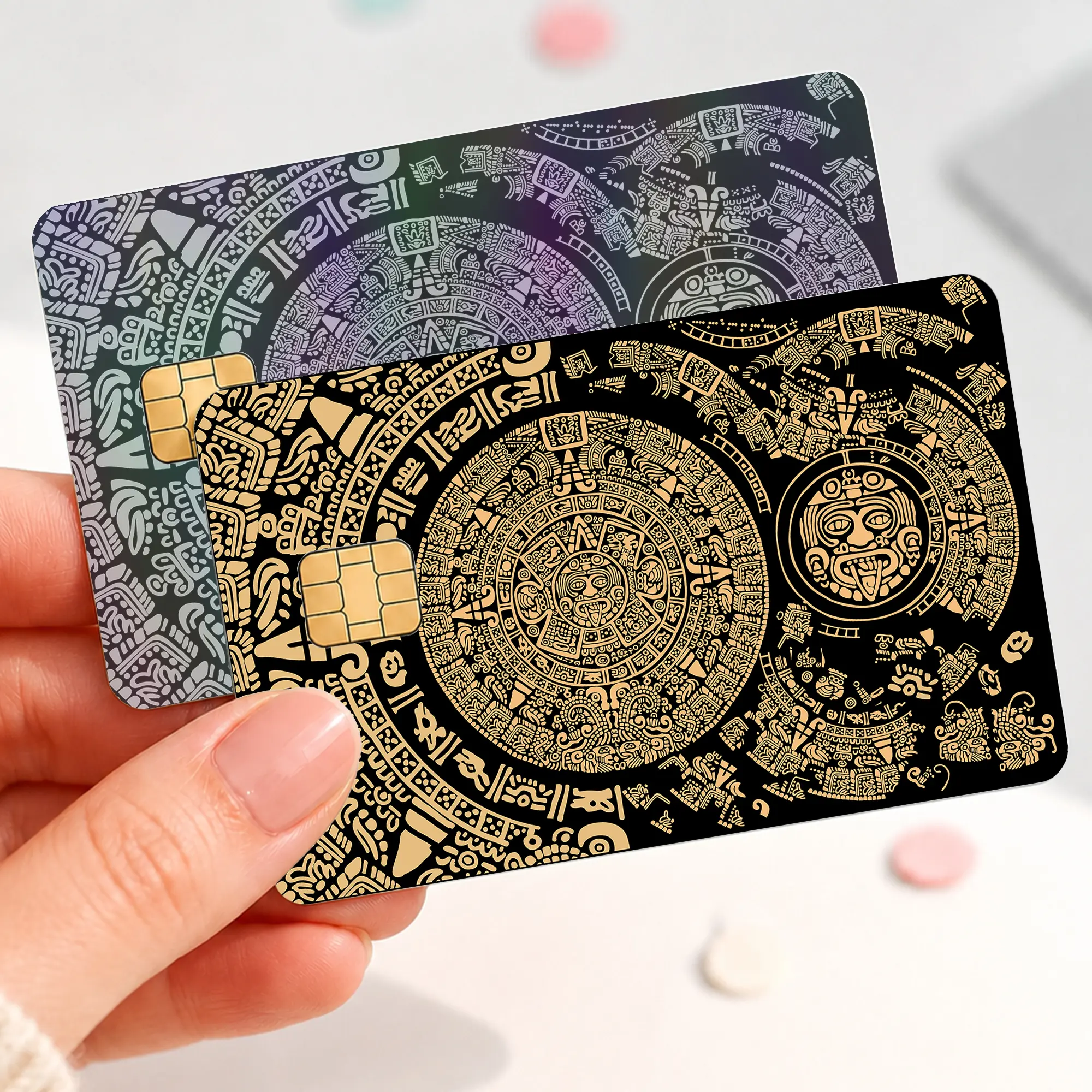 Aztec Calendar Card Skin Sticker, Black Gold Silver Tribal Bank Card Cover Decal, Peel and Stick Debit Card Skin, Wallet Card Sticker