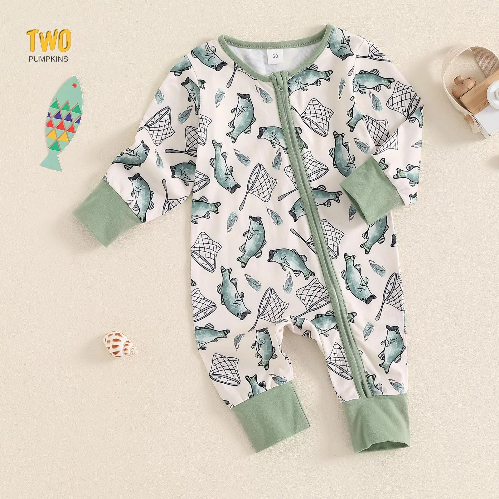 Newborn Baby Boy Girl Fishing Outfit Long Sleeve Zipper Fish Print Romper Jumpsuit Infant Coming Home Clothes