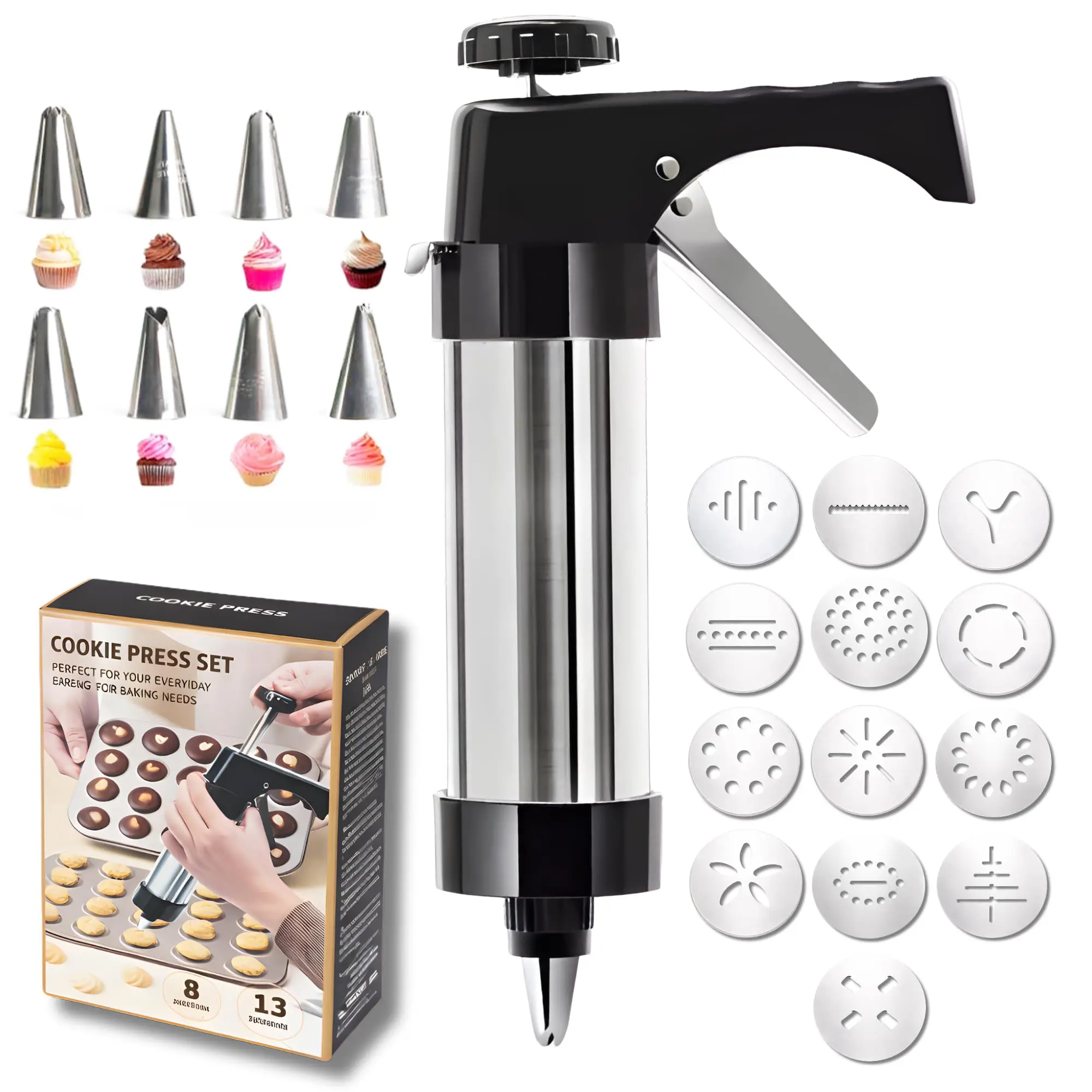 Cookie Press Gun Kit – Multi-Functional Icing Gun with 13 Cookie Discs & 8 Icing Tips – Ideal for Churros, Cookies & Cake Decorating summerwins Baking Tools Stainless