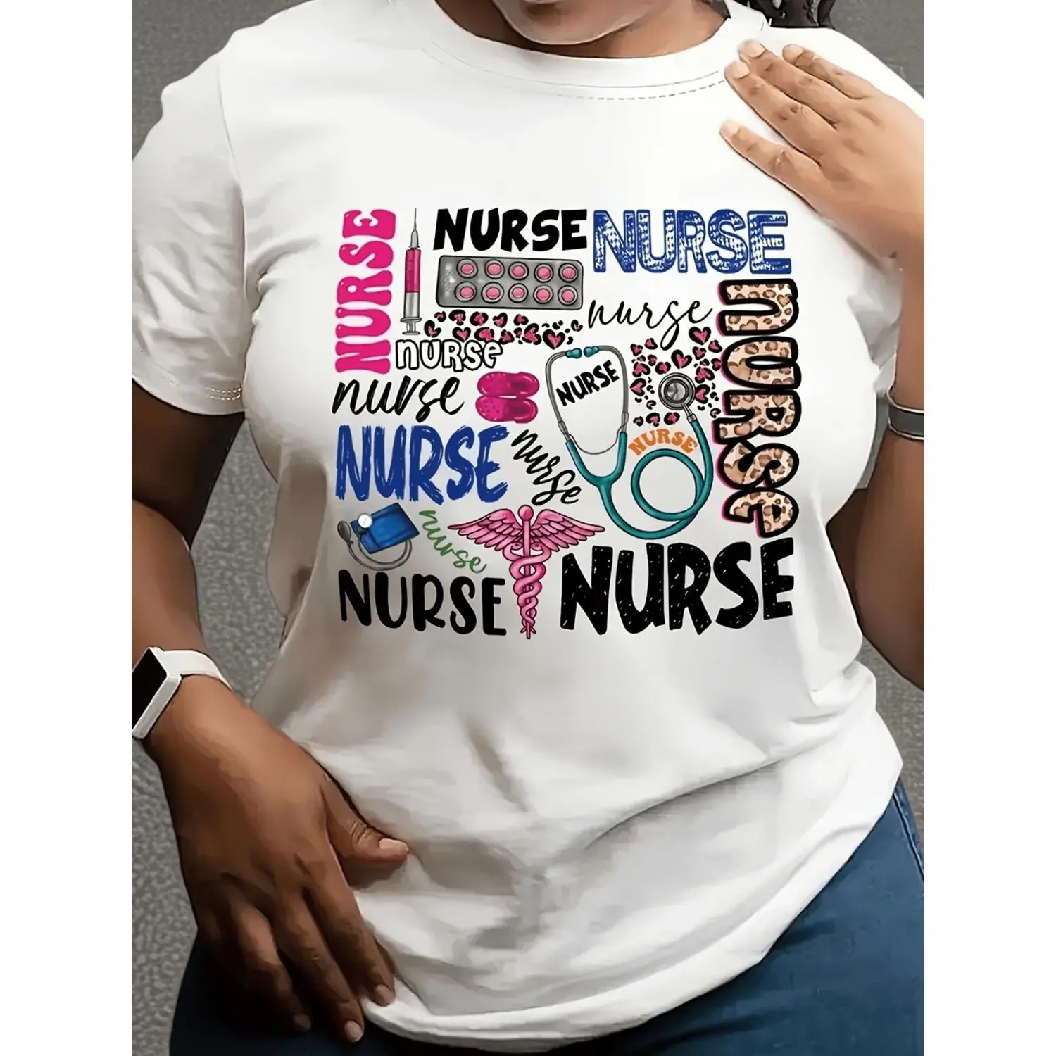 [Nurse T-Shirt] Casual Short-Sleeved Round-Neck T-Shirt | Made of Knitted Fabric, Featuring Letter Designs, Nurse Pattern, Regular Length Suitable for Wearing in All Seasons