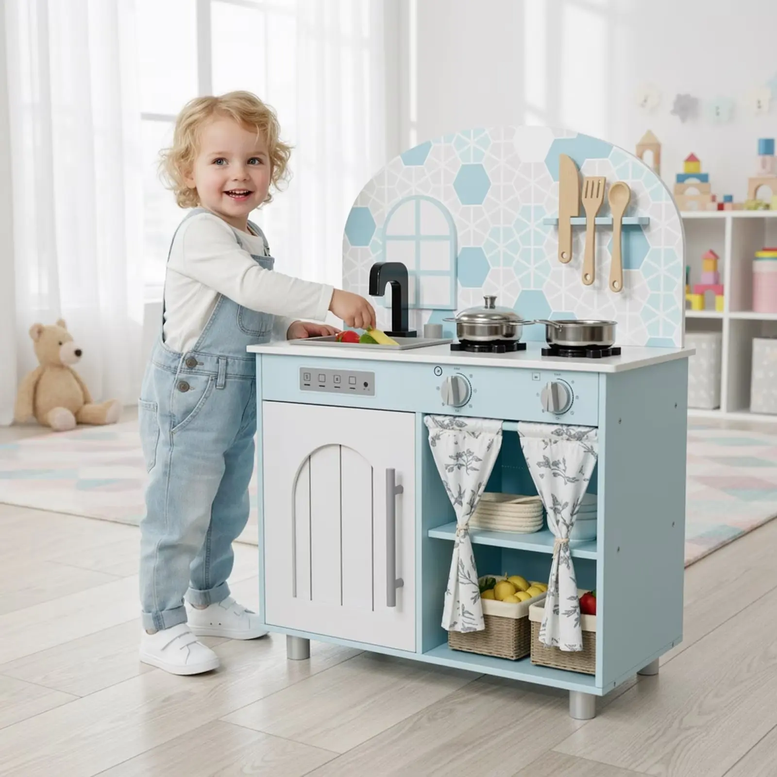 MAMIZO Wooden Play Kitchen Set for Kids - Kids Toys, Toddler Toys, ASTM & CPSIA Certified, Easy Assembly & Cleaning, Clicking Knobs, Removable Sink, Curtained Cabinet, Cookware Accessories, Built-In Storage, Christmas Gift for Toddlers, Certified Safe For