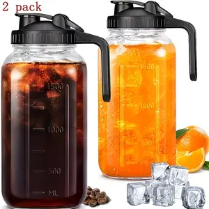 2 Pcs Large 64 Oz Glass Jars with Lids, Leak-Proof Milk Containers for Refrigerator, Easy-Clean Wide Mouth Water Bottles for Juice, Tea, Iced Coffee & Drinks, Perfect for Daily Use